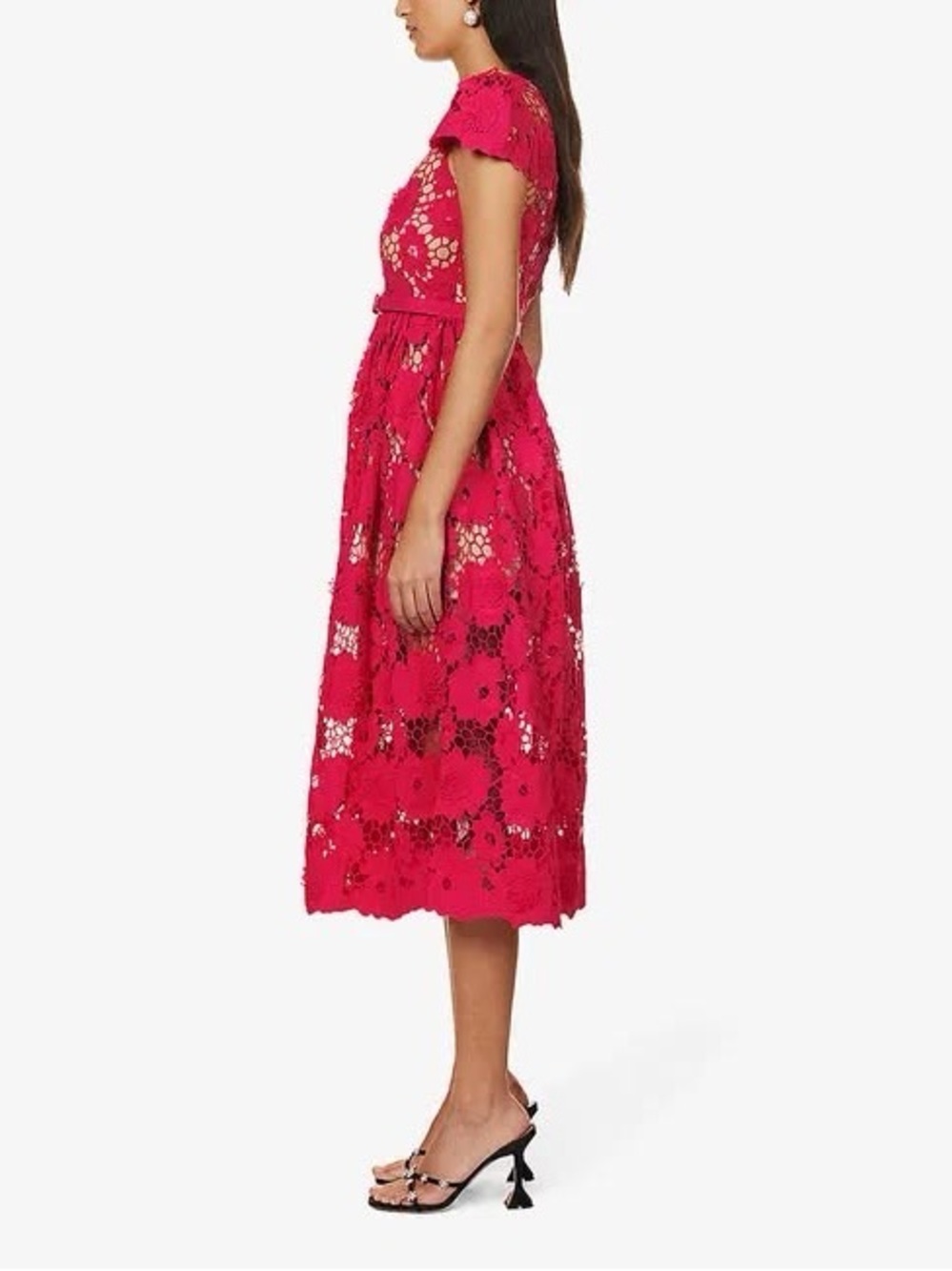 Self-Portrait Hot Pink Belted Floral Lace Midi Dress Size 4 - Picture 4 of 10